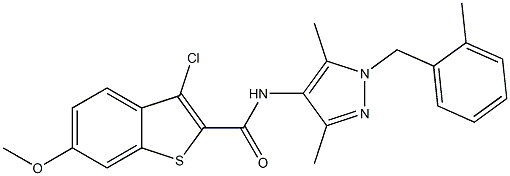 3-chloro-N-[3,5-dimethyl-1-[(2-methylphenyl)methyl]pyrazol-4-yl]-6-methoxy-1-benzothiophene-2-carboxamide Struktur