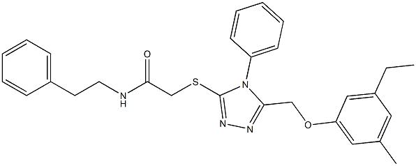 2-[[5-[(3-ethyl-5-methylphenoxy)methyl]-4-phenyl-1,2,4-triazol-3-yl]sulfanyl]-N-(2-phenylethyl)acetamide Struktur