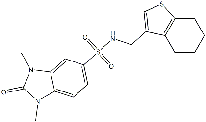 1,3-dimethyl-2-oxo-N-(4,5,6,7-tetrahydro-1-benzothiophen-3-ylmethyl)benzimidazole-5-sulfonamide Struktur