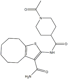 1-acetyl-N-(3-carbamoyl-4,5,6,7,8,9-hexahydrocycloocta[b]thiophen-2-yl)piperidine-4-carboxamide Struktur