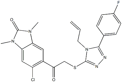 5-chloro-6-[2-[[5-(4-fluorophenyl)-4-prop-2-enyl-1,2,4-triazol-3-yl]sulfanyl]acetyl]-1,3-dimethylbenzimidazol-2-one Struktur