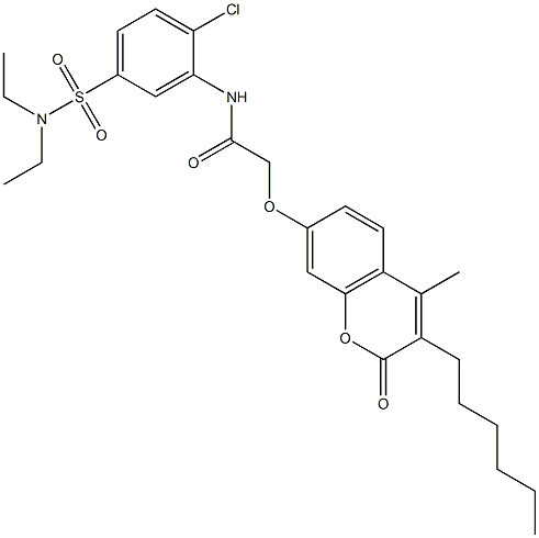 N-[2-chloro-5-(diethylsulfamoyl)phenyl]-2-(3-hexyl-4-methyl-2-oxochromen-7-yl)oxyacetamide Struktur