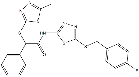 N-[5-[(4-fluorophenyl)methylsulfanyl]-1,3,4-thiadiazol-2-yl]-2-[(5-methyl-1,3,4-thiadiazol-2-yl)sulfanyl]-2-phenylacetamide Struktur