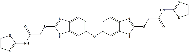 2-[[6-[[2-[2-oxo-2-(1,3-thiazol-2-ylamino)ethyl]sulfanyl-3H-benzimidazol-5-yl]oxy]-1H-benzimidazol-2-yl]sulfanyl]-N-(1,3-thiazol-2-yl)acetamide Struktur