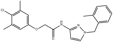 2-(4-chloro-3,5-dimethylphenoxy)-N-[1-[(2-methylphenyl)methyl]pyrazol-3-yl]acetamide Struktur