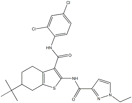 N-[6-tert-butyl-3-[(2,4-dichlorophenyl)carbamoyl]-4,5,6,7-tetrahydro-1-benzothiophen-2-yl]-1-ethylpyrazole-3-carboxamide Struktur