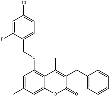 3-benzyl-5-[(4-chloro-2-fluorophenyl)methoxy]-4,7-dimethylchromen-2-one Struktur