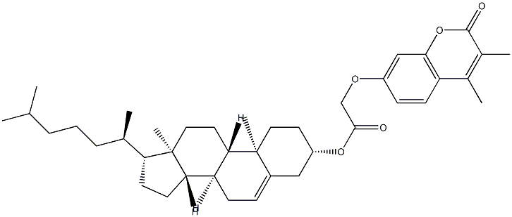 [(3S,8S,9S,10R,13R,14S,17R)-10,13-dimethyl-17-[(2R)-6-methylheptan-2-yl]-2,3,4,7,8,9,11,12,14,15,16,17-dodecahydro-1H-cyclopenta[a]phenanthren-3-yl] 2-(3,4-dimethyl-2-oxochromen-7-yl)oxyacetate Struktur