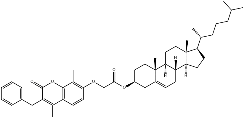 [(3S,8S,9S,10R,13R,14S,17R)-10,13-dimethyl-17-[(2R)-6-methylheptan-2-yl]-2,3,4,7,8,9,11,12,14,15,16,17-dodecahydro-1H-cyclopenta[a]phenanthren-3-yl] 2-(3-benzyl-4,8-dimethyl-2-oxochromen-7-yl)oxyacetate Struktur