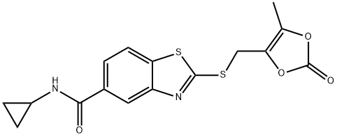 N-cyclopropyl-2-[(5-methyl-2-oxo-1,3-dioxol-4-yl)methylsulfanyl]-1,3-benzothiazole-5-carboxamide Struktur