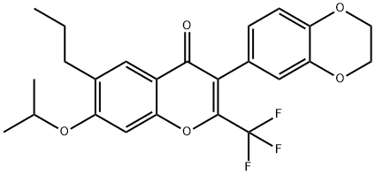 3-(2,3-dihydro-1,4-benzodioxin-6-yl)-7-propan-2-yloxy-6-propyl-2-(trifluoromethyl)chromen-4-one Struktur