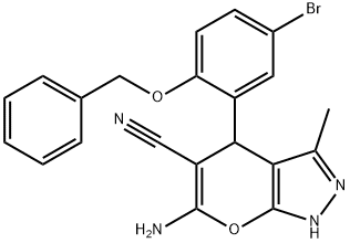 6-amino-4-(5-bromo-2-phenylmethoxyphenyl)-3-methyl-2,4-dihydropyrano[2,3-c]pyrazole-5-carbonitrile Struktur