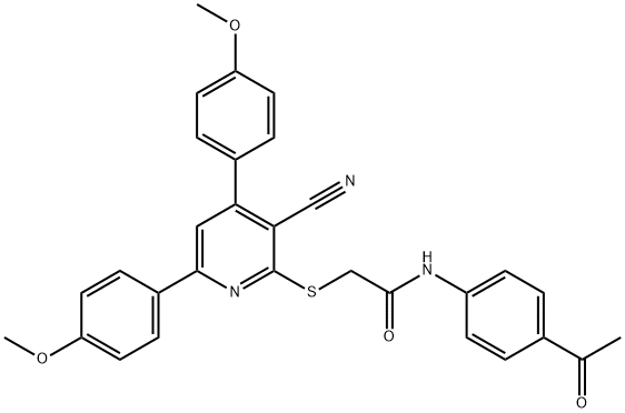 N-(4-acetylphenyl)-2-[3-cyano-4,6-bis(4-methoxyphenyl)pyridin-2-yl]sulfanylacetamide Struktur