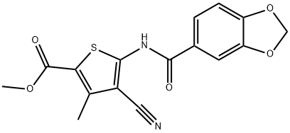 methyl 5-(1,3-benzodioxole-5-carbonylamino)-4-cyano-3-methylthiophene-2-carboxylate Struktur