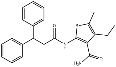 2-(3,3-diphenylpropanoylamino)-4-ethyl-5-methylthiophene-3-carboxamide Struktur