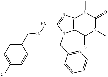 7-benzyl-8-[(2E)-2-[(4-chlorophenyl)methylidene]hydrazinyl]-1,3-dimethylpurine-2,6-dione Struktur