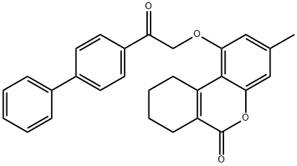 3-methyl-1-[2-oxo-2-(4-phenylphenyl)ethoxy]-7,8,9,10-tetrahydrobenzo[c]chromen-6-one Struktur