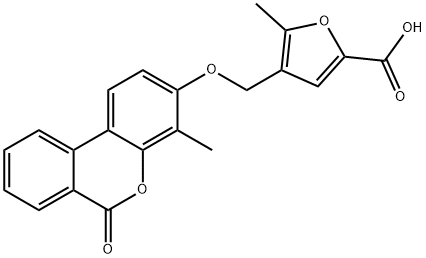 5-methyl-4-[(4-methyl-6-oxobenzo[c]chromen-3-yl)oxymethyl]furan-2-carboxylic acid Struktur