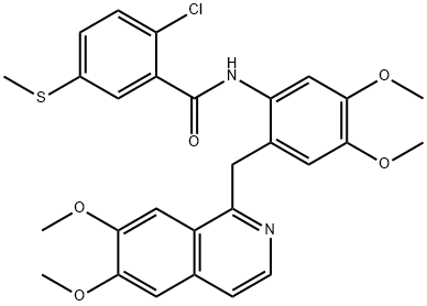 2-chloro-N-[2-[(6,7-dimethoxyisoquinolin-1-yl)methyl]-4,5-dimethoxyphenyl]-5-methylsulfanylbenzamide Struktur