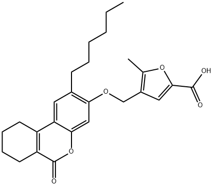 4-[(2-hexyl-6-oxo-7,8,9,10-tetrahydrobenzo[c]chromen-3-yl)oxymethyl]-5-methylfuran-2-carboxylic acid Struktur