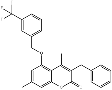 3-benzyl-4,7-dimethyl-5-[[3-(trifluoromethyl)phenyl]methoxy]chromen-2-one Struktur