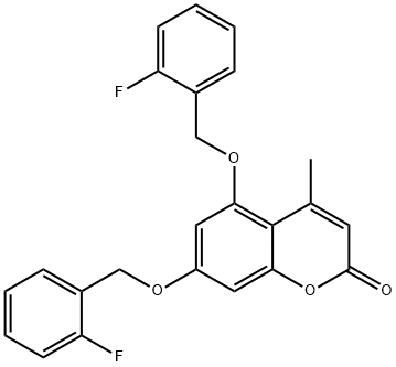 5,7-bis[(2-fluorophenyl)methoxy]-4-methylchromen-2-one Struktur