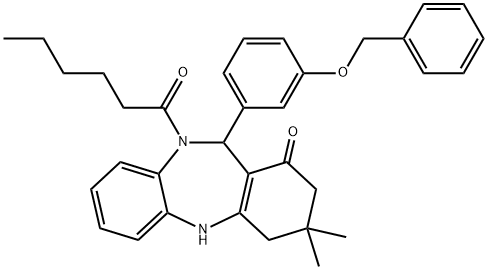 5-hexanoyl-9,9-dimethyl-6-(3-phenylmethoxyphenyl)-6,8,10,11-tetrahydrobenzo[b][1,4]benzodiazepin-7-one Struktur