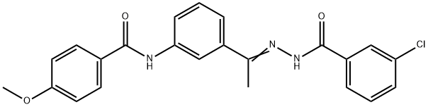 3-chloro-N-[(E)-1-[3-[(4-methoxybenzoyl)amino]phenyl]ethylideneamino]benzamide Struktur