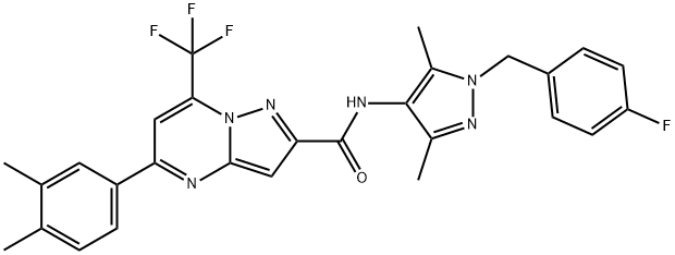 5-(3,4-dimethylphenyl)-N-[1-[(4-fluorophenyl)methyl]-3,5-dimethylpyrazol-4-yl]-7-(trifluoromethyl)pyrazolo[1,5-a]pyrimidine-2-carboxamide Struktur