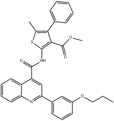 methyl 5-methyl-4-phenyl-2-[[2-(3-propoxyphenyl)quinoline-4-carbonyl]amino]thiophene-3-carboxylate Struktur