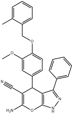 6-amino-4-[3-methoxy-4-[(2-methylphenyl)methoxy]phenyl]-3-phenyl-2,4-dihydropyrano[2,3-c]pyrazole-5-carbonitrile Struktur