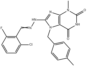 8-[(2E)-2-[(2-chloro-6-fluorophenyl)methylidene]hydrazinyl]-3-methyl-7-[(4-methylphenyl)methyl]purine-2,6-dione Struktur