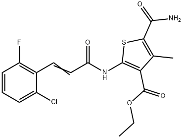 ethyl 5-carbamoyl-2-[[(E)-3-(2-chloro-6-fluorophenyl)prop-2-enoyl]amino]-4-methylthiophene-3-carboxylate Struktur