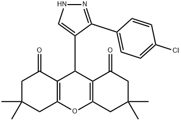 9-[5-(4-chlorophenyl)-1H-pyrazol-4-yl]-3,3,6,6-tetramethyl-4,5,7,9-tetrahydro-2H-xanthene-1,8-dione Struktur