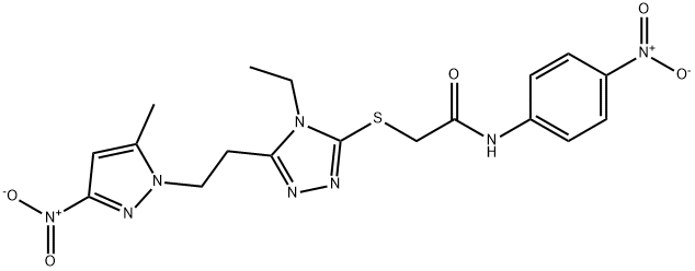 2-[[4-ethyl-5-[2-(5-methyl-3-nitropyrazol-1-yl)ethyl]-1,2,4-triazol-3-yl]sulfanyl]-N-(4-nitrophenyl)acetamide Struktur