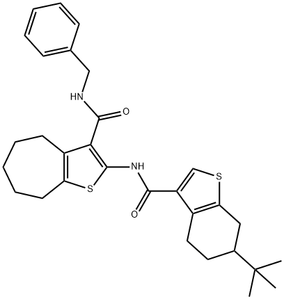 N-benzyl-2-[(6-tert-butyl-4,5,6,7-tetrahydro-1-benzothiophene-3-carbonyl)amino]-5,6,7,8-tetrahydro-4H-cyclohepta[b]thiophene-3-carboxamide Struktur