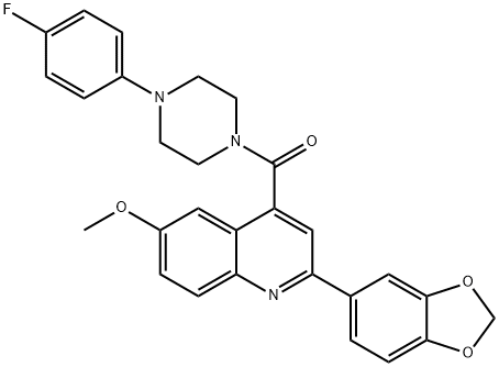 [2-(1,3-benzodioxol-5-yl)-6-methoxyquinolin-4-yl]-[4-(4-fluorophenyl)piperazin-1-yl]methanone Struktur