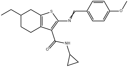 N-cyclopropyl-6-ethyl-2-[(E)-(4-methoxyphenyl)methylideneamino]-4,5,6,7-tetrahydro-1-benzothiophene-3-carboxamide Struktur