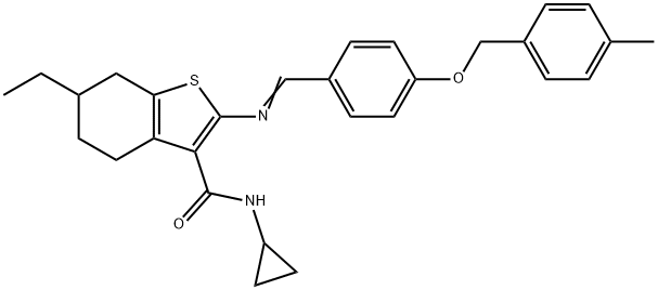 N-cyclopropyl-6-ethyl-2-[(E)-[4-[(4-methylphenyl)methoxy]phenyl]methylideneamino]-4,5,6,7-tetrahydro-1-benzothiophene-3-carboxamide Struktur