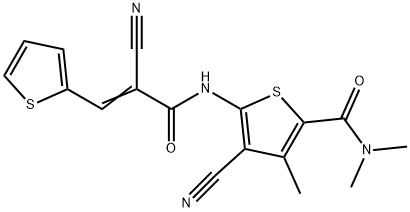 4-cyano-5-[[(E)-2-cyano-3-thiophen-2-ylprop-2-enoyl]amino]-N,N,3-trimethylthiophene-2-carboxamide Struktur