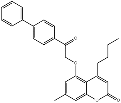 4-butyl-7-methyl-5-[2-oxo-2-(4-phenylphenyl)ethoxy]chromen-2-one Struktur