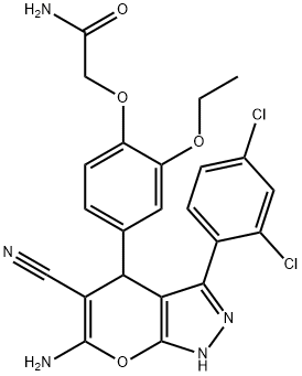 2-[4-[6-amino-5-cyano-3-(2,4-dichlorophenyl)-2,4-dihydropyrano[2,3-c]pyrazol-4-yl]-2-ethoxyphenoxy]acetamide Struktur