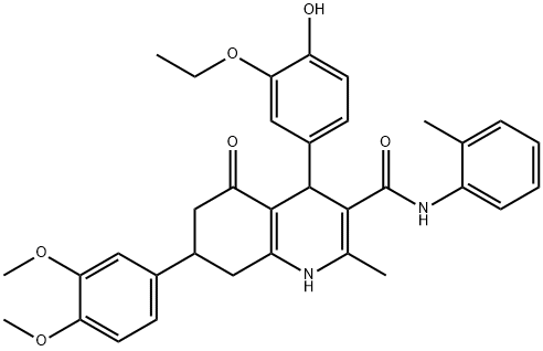 7-(3,4-dimethoxyphenyl)-4-(3-ethoxy-4-hydroxyphenyl)-2-methyl-N-(2-methylphenyl)-5-oxo-4,6,7,8-tetrahydro-1H-quinoline-3-carboxamide Struktur