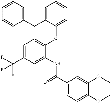 N-[2-(2-benzylphenoxy)-5-(trifluoromethyl)phenyl]-3,4-dimethoxybenzamide Struktur