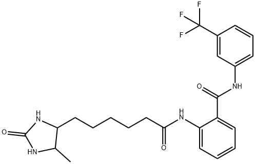 2-[6-(5-methyl-2-oxoimidazolidin-4-yl)hexanoylamino]-N-[3-(trifluoromethyl)phenyl]benzamide Struktur