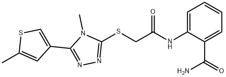 2-[[2-[[4-methyl-5-(5-methylthiophen-3-yl)-1,2,4-triazol-3-yl]sulfanyl]acetyl]amino]benzamide Struktur