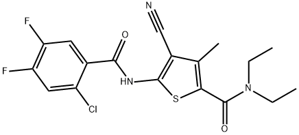 5-[(2-chloro-4,5-difluorobenzoyl)amino]-4-cyano-N,N-diethyl-3-methylthiophene-2-carboxamide Struktur