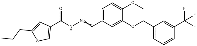 N-[(E)-[4-methoxy-3-[[3-(trifluoromethyl)phenyl]methoxy]phenyl]methylideneamino]-5-propylthiophene-3-carboxamide Struktur