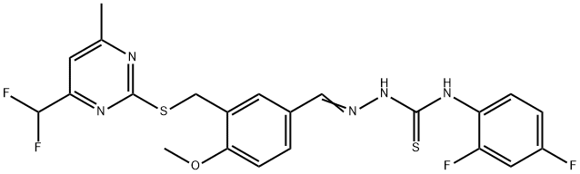 1-[(E)-[3-[[4-(difluoromethyl)-6-methylpyrimidin-2-yl]sulfanylmethyl]-4-methoxyphenyl]methylideneamino]-3-(2,4-difluorophenyl)thiourea Struktur