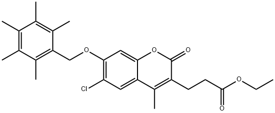 ethyl 3-[6-chloro-4-methyl-2-oxo-7-[(2,3,4,5,6-pentamethylphenyl)methoxy]chromen-3-yl]propanoate Struktur